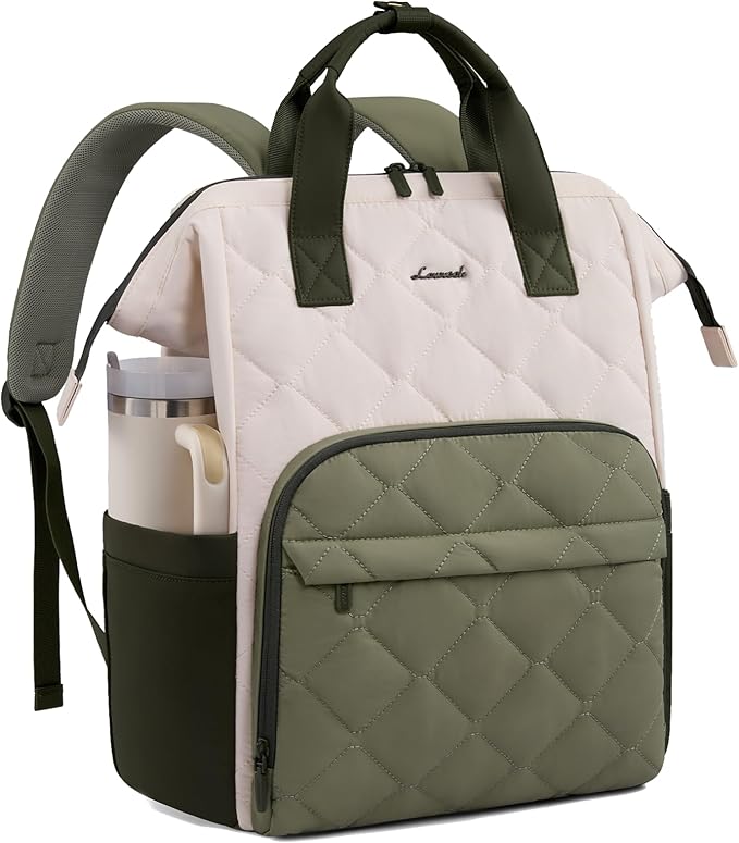 LOVEVOOK Laptop Backpack for Women, 15.6 inch Work Travel Backpack Purse, Puffer Quilted Laptop Backpack Casual Daypack for Nurse Teacher，Green and White