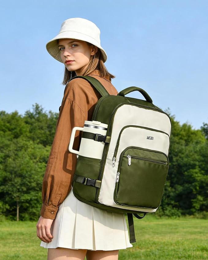 Travel Backpack for Women & Men, Large Carry On Personal Item Bag Airline Approved, Waterproof Traveling Overnight Bags, Gifts Laptop Backpack for Travelers College-Students Commuters (Green/Beige)