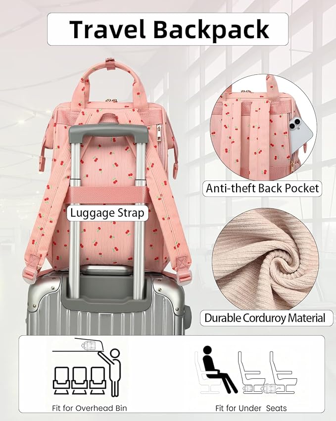 Laptop Backpacks for Women, Corduroy High School College Bookbag 15.6 Inch Laptop Bags for Girls Travel Daypack - Cherry Pink