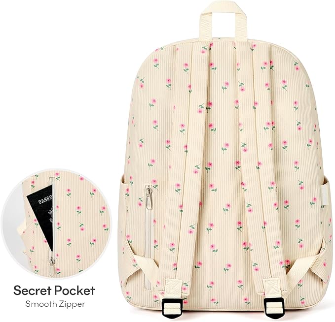 mibasies School Backpack for Girls with Laptop Sleeve: 18IN Large Capacity Corduroy Bookbag for Primary Middle School/College, Travel Daypack for Teens Women - Beige Rose