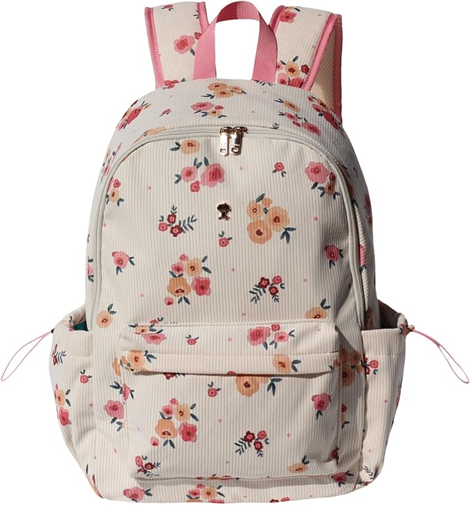 ESVAN Corduroy Backpack Lightweight Fashion 17 inch Laptop Bag for Women Casual College (Corduroy Beige Flower)