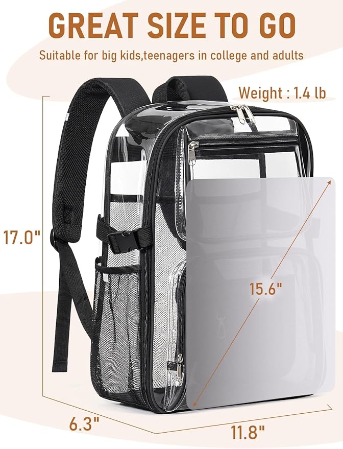 Large Clear Backpack Heavy Duty, 17 inch Clear Bookbag for Boys Girls Women Men, See Through Transparent Backpack With All-Around Reflective Strips for College Work Travel,Black