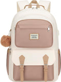 School Backpack for Teen Girls, Cute Laptop Bookbag 17.3in for Women College Students Aesthetic Schoolbag Middle High School Travel Mochilas Niñas, Khaki Beige