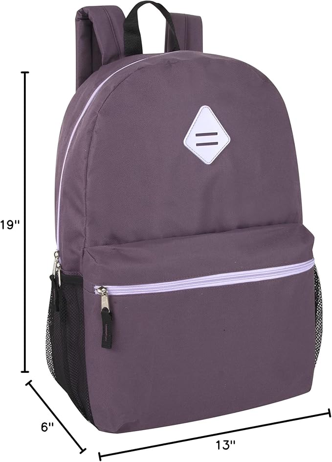Large School Backpacks with Mesh Side Pockets – Classic 19 Inch Solid Color Backpacks for Kids, Men, Women, Travel (Purple & Lilac)
