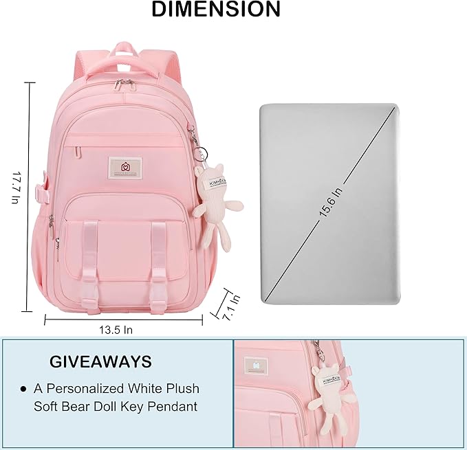 Hidds College Backpack Laptop Backpacks 15.6 Inch for Men Women Elementary Middle High School Book Bag For Teens Girls Boys Student Anti Theft Travel Daypack Large Bookbags-Pink