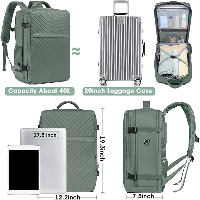Large Carry On Travel Backpack - Flight Approved Waterproof Luggage Suitcase Backpacks Personal Item Size for Women Men Fit 17 Inch Laptop College Overnight Bag Anti-Theft Weekender Daypack Dark Green