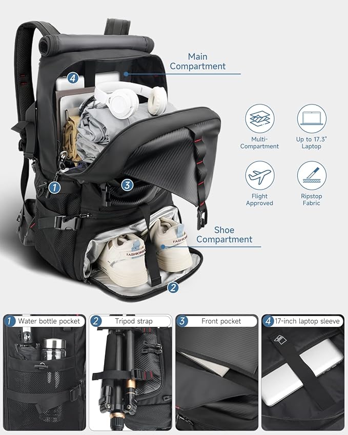 SWICKY Travel Backpack for Men, 40L-50L Flight Approved Carry On Backpack,Hiking Laptop Backpack with Shoe Compartment & Water Bottle Pocket,17 Inch Laptop Sleeve, 3-4 Day Business Travel