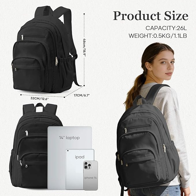 Black College Backpack For Women Men,Lightweight High School Bag,School Backpack With Lots Of Pockets,Cute Bookbag For Teens Boys Girls,Casual Daypack Backpack For School
