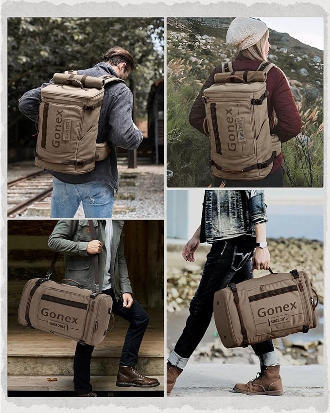 Gonex Canvas Travel Backpack, Large 3-in-1 Convertible Vintage Laptop Duffel Bag for Men & Women, Durable Carry-On for Work, College & Outdoor Adventure (Coffee Brown)