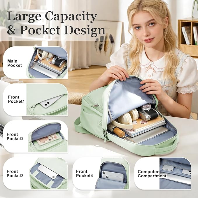 Cute School Backpack for Teens Girls Boys Waterproof School Bag Basic Backpack for College Students Multi Pocket Backpack Lightweight Casual Daypack Backpacks for Women Men（MintGreen）