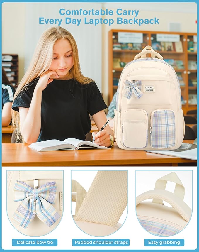 School Backpack for Teen Girls Cute Bookbags Elementary High School College Laptop Bags Women Travel Daypacks Mochilas Escolares, Beige