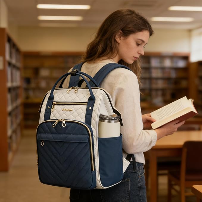 KROSER Laptop Backpack 17" Stylish Backpack Water Repellent College Casual Daypack with USB Port Travel Business Work Bag for Men/Women-Beige/Haze Blue