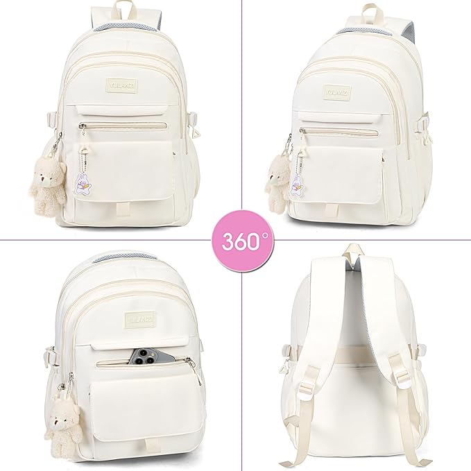 Girls Backpack for College High Middle School Student, Cute Aesthetic Bookbag for Teens Women with Accessories,Grey
