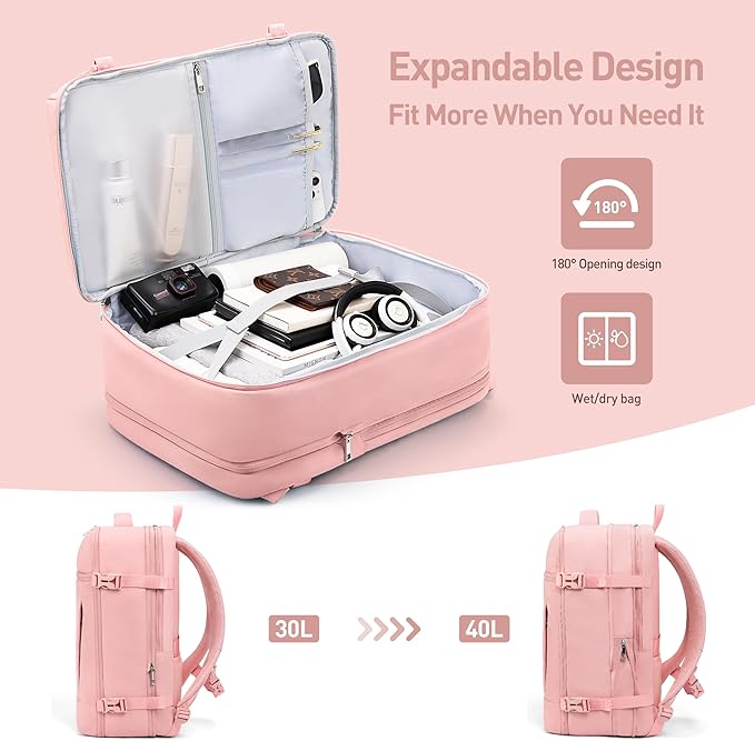 SHOWKOO Laptop Backpack for 17 Inch Laptop, 40L Expandable Large Capacity Backpack, TSA Carry On Travel Backpack with Padded Laptop Compartment, Water-Resistant College & Commuter Bag, Pink