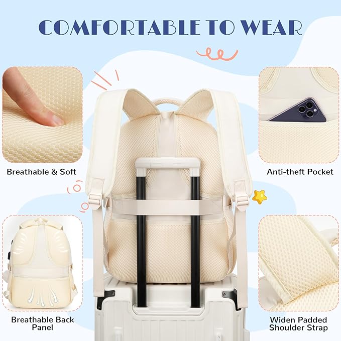 Cute Middle High School Bags Bookbag for Teen Girls,Laptop Backpack for Women,Back Pack Knapsack for College Student(Beige)