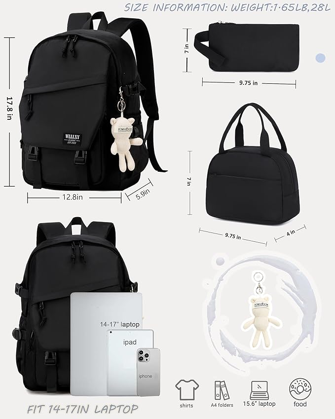 Caoroky knight College Laptop Backpack for Men Women 3 PCS Set Bookbag School Backpacks with Lunch Bag Pencil Case Anti Theft Travel Backpack Rucksack-Large,Black