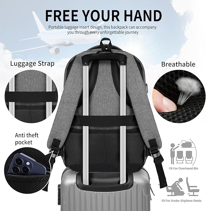 School Backpack for Boys Teens, Backpack for Men Women, 15.6 Inch Laptop Backpacks with USB Port, Water Resistent book bag, Work College Student Bookbag, back pack, Grey