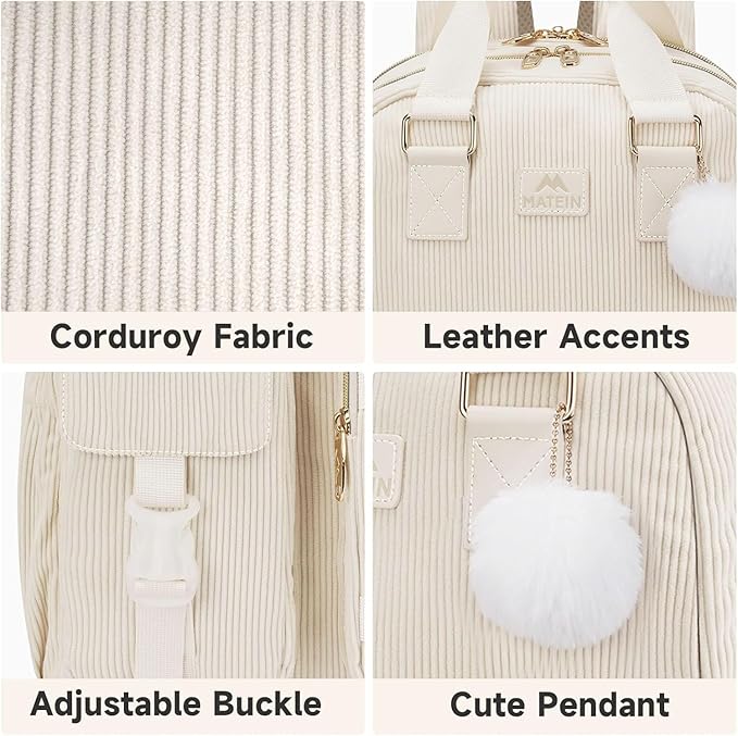 MATEIN Backpack for Teen Girls, 15.6 Inch Cute Corduroy Laptop Backpack Aesthetic College School Bookbag with Luggage Strap, TSA Lightweight Soft Kawaii Travel Backpacks for Women Nurse, Beige