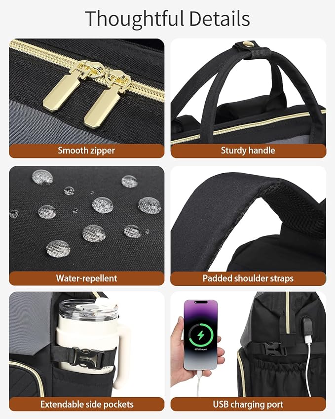 Computer Backpack for Women, Work Bag Laptop Bookbag with Cup Holder & USB Charger for Teacher Nurse College Travel Back Pack, Gifts, Black Gray