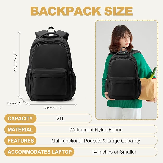 Lightweight School Backpack for Women Men, Black Laptop Travel Casual Daypack College Secondary School Bags Bookbag for Teenage Girls Boys