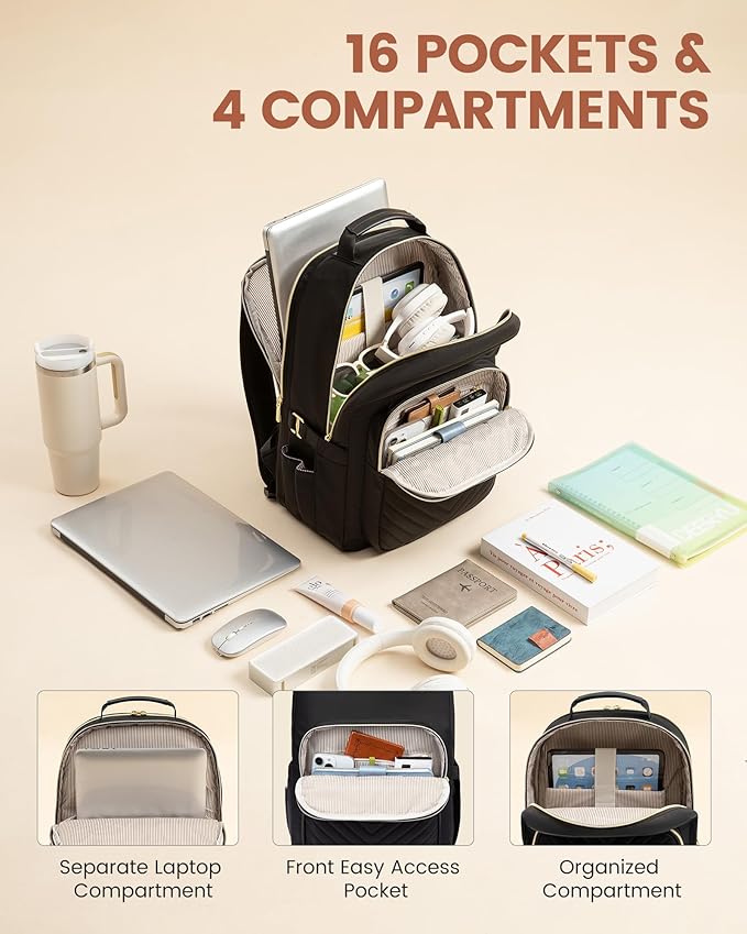 LOVEVOOK Laptop Backpack for Women with Giant Tumbler Holder 17.3 inch,Designer Travel Backpack Laptop Bag College Backpack,Quilted Work Nurse Teacher Backpack Purse Computer Bag Casual Daypack, Black