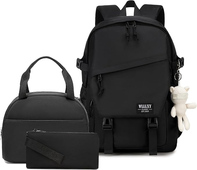 Caoroky knight College Laptop Backpack for Men Women 3 PCS Set Bookbag Large School Backpacks with Lunch Bag Pencil Case Anti Theft Travel Backpack Rucksack-Medium,Black
