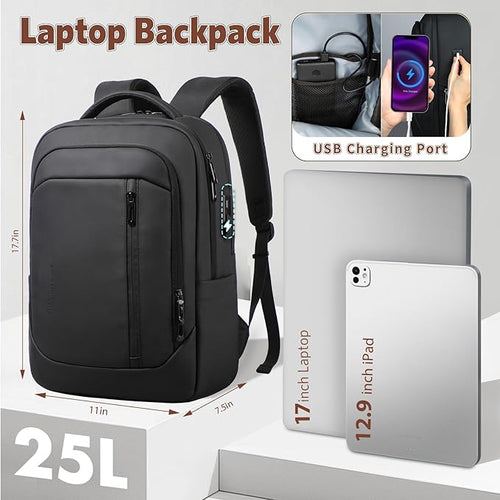 17-Inch Laptop Backpack for Men & Women, 25L Business Work Backpack with USB Charging Port, Water Resistant Computer Bag with Anti-Theft Pocket for Travel Office Daily– Black