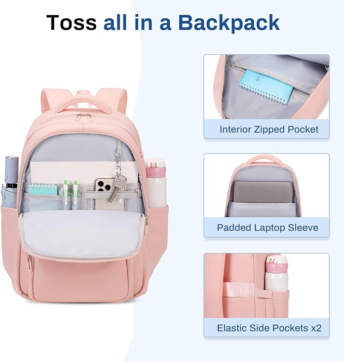 School Backpack for Girls, Lightweight Kids Bookbag Classic College Backpack for Teen Women with Luggage Strap, Age 8-18 Years Old, Pink