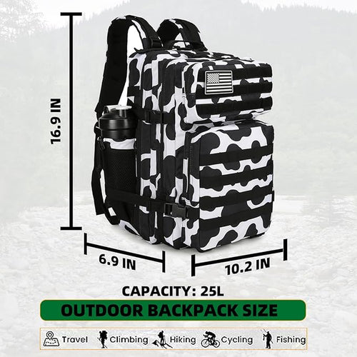 25L Tactical Backpack Military Tactical Backpack for Men and Women Small Assault Pack Outdoor Travel Hiking Camping Rucksack with Molle Webbing (Cow Print)