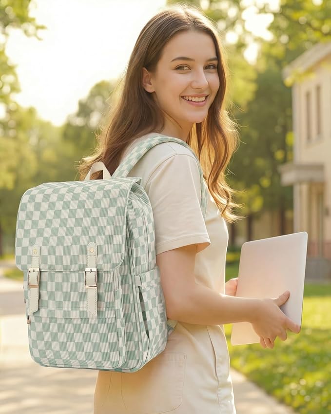 Corduroy Laptop Backpack for Women, Fits 15.6 Inch Computer Bag, College High School Bookbag Travel Daypack Purse, Work Business Bags - Corduroy Checkered Green