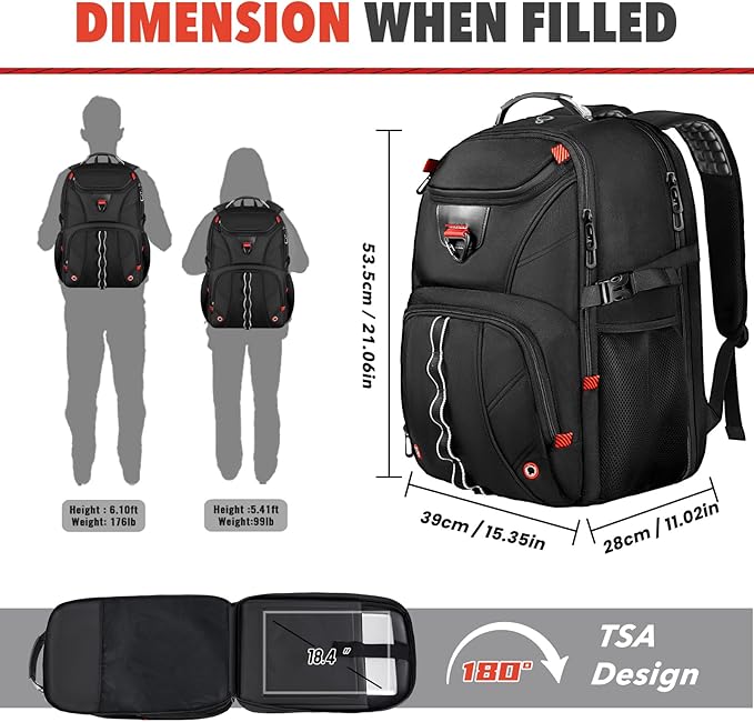 Long-Term Durability Extra Large Travel Backpack for Men & Women, 18.4"-19" Gaming Laptop Backpack, TSA-Approved & Anti-Theft for Effortless Airport Travel, Spacious 55L Daypack for Work, Gym, College