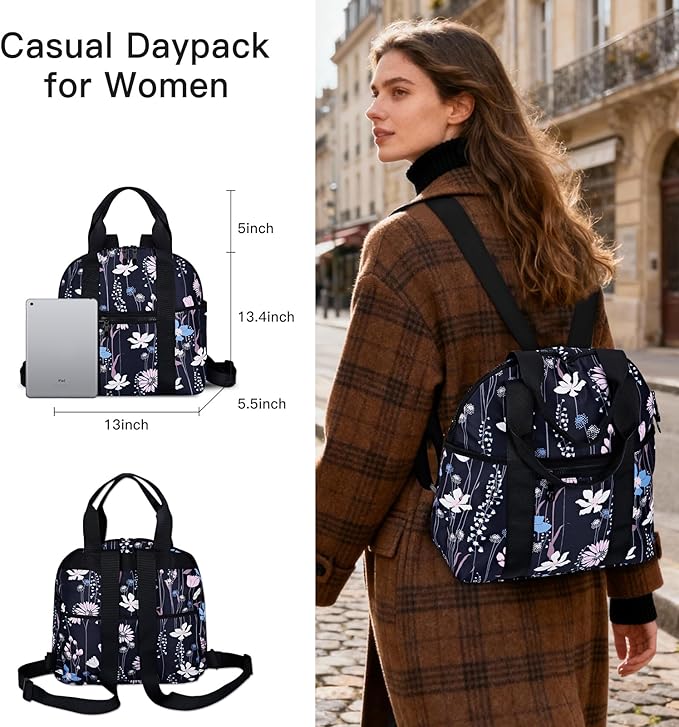 Women’s Backpack Purse Medium Size with Trolley Sleeve, Adjustable Strap/Top Handle, Water Resistant Travel Daypack, Dreamy Flower