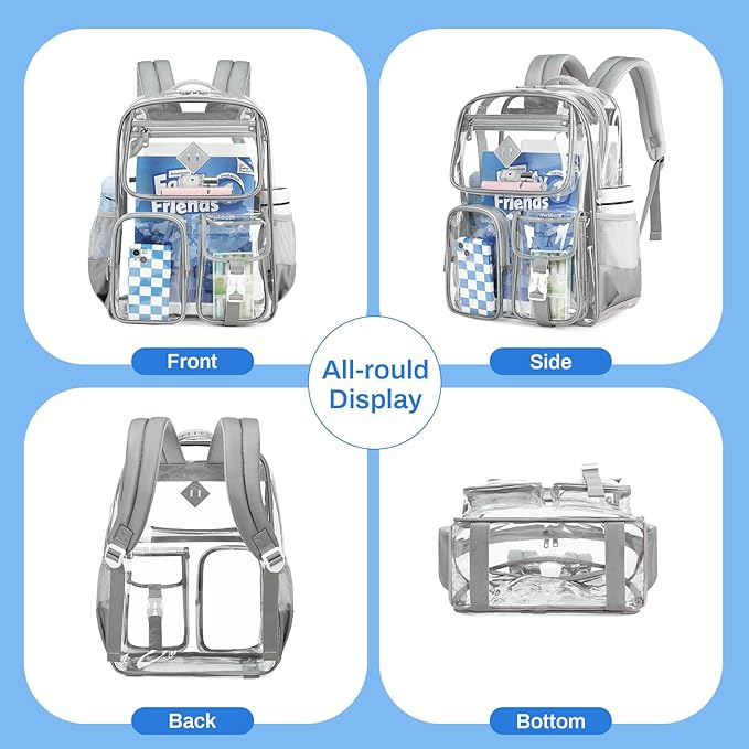 Clear Backpack for School,Heavy Duty PVC Transparent Bookbag for Girls Stadium Approved See Through Backpack