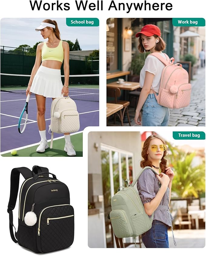 17.3in Laptop Backpack with Charging Hole for Women Girls, Water Resistant Quilted Book Bag for Travel Work Teacher School Students, Black