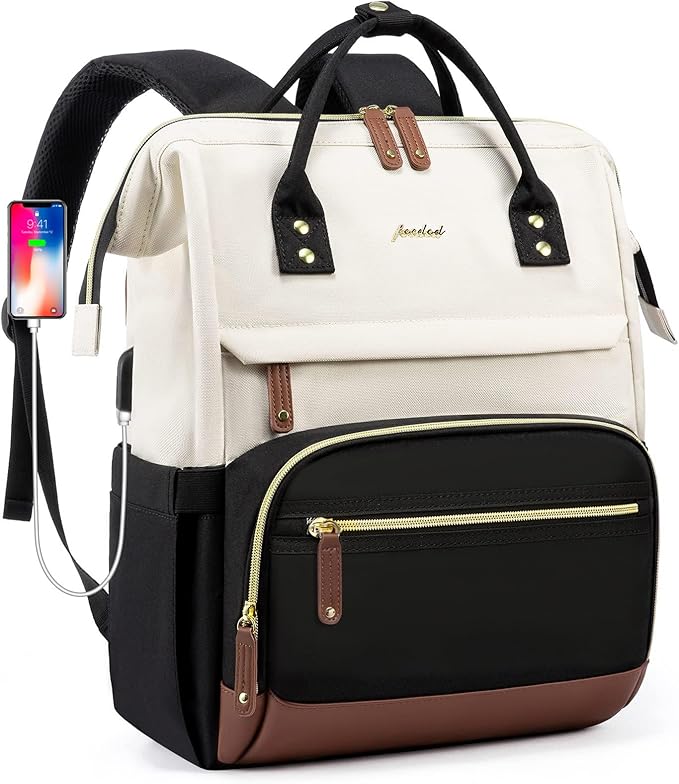Laptop Backpack for Women, 17 Inch Work Business Backpacks Purse with USB Port, Large Capacity Doctor Nurse Bag Backbag, Waterproof Casual Daypack for Travel,Black-White-Brown