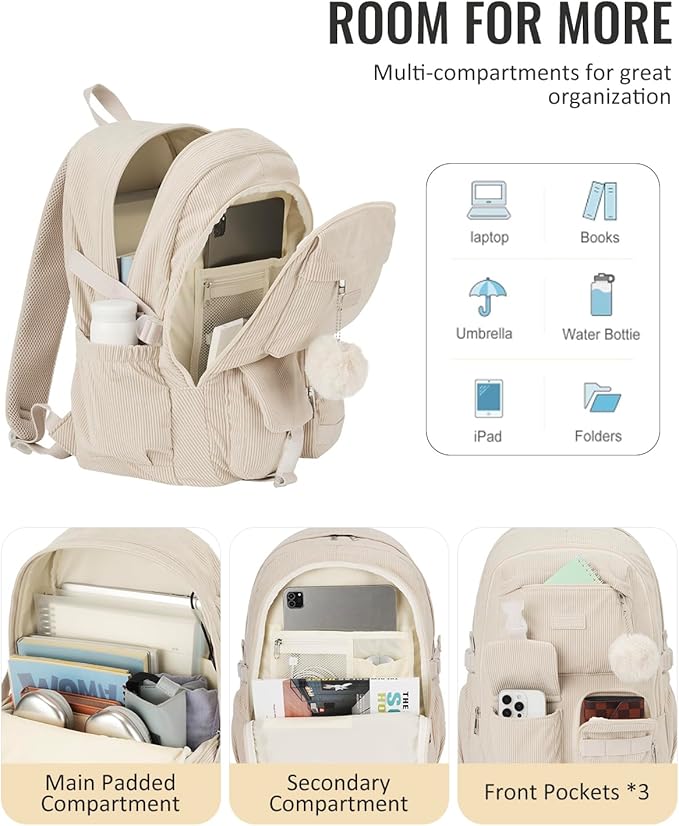 School Backpack for Teens Girls, Large Corduroy Bookbag Lightweight 15.6 inch Laptop Bag for Women Elementary Middle High School College Backpacks Students Travel Daypack - Beige
