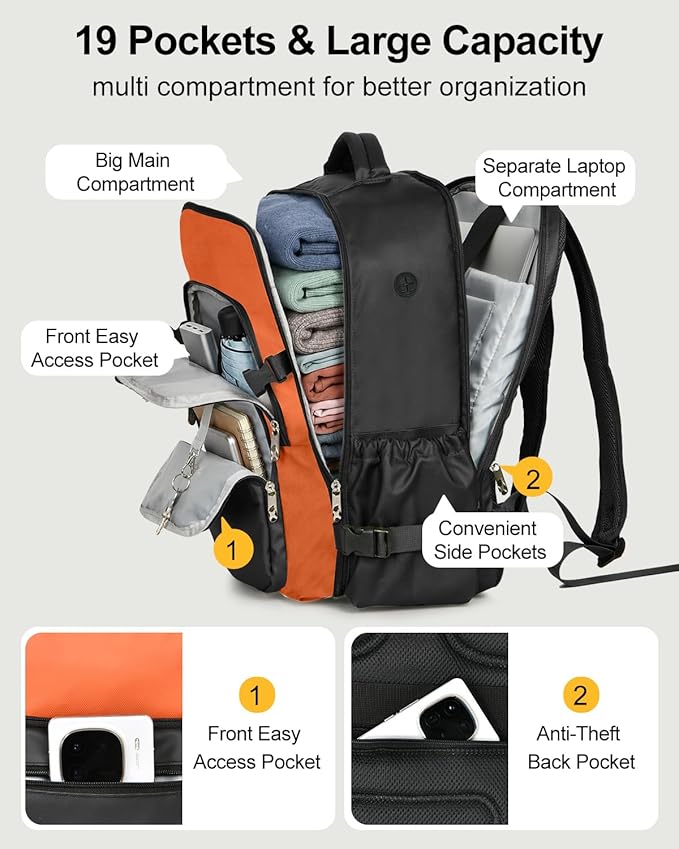 Travel Backpack for Women & Men, Large Carry On Personal Item Bag Airline Approved, Waterproof Traveling Overnight Bags, Gifts Laptop Backpack for Travelers College-Students Commuters (Black/Brown)