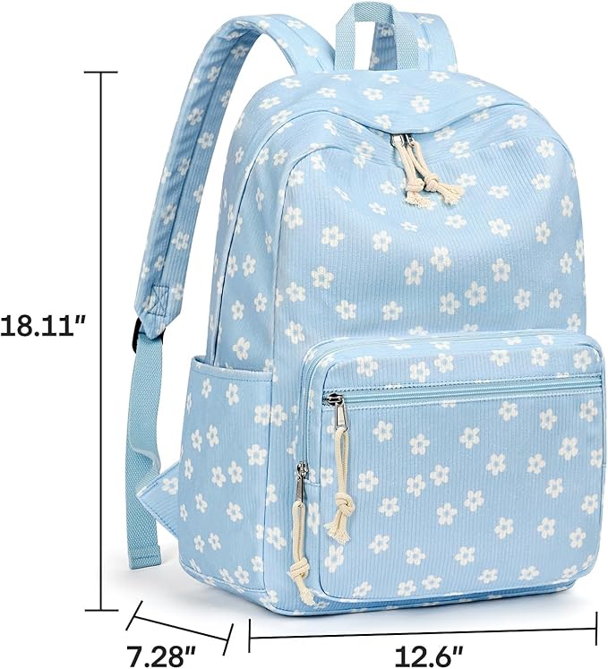 mibasies School Backpack for Girls with Laptop Sleeve: 18IN Large Capacity Corduroy Bookbag for Primary Middle School/College, Travel Daypack for Teens Women - Blue Flower