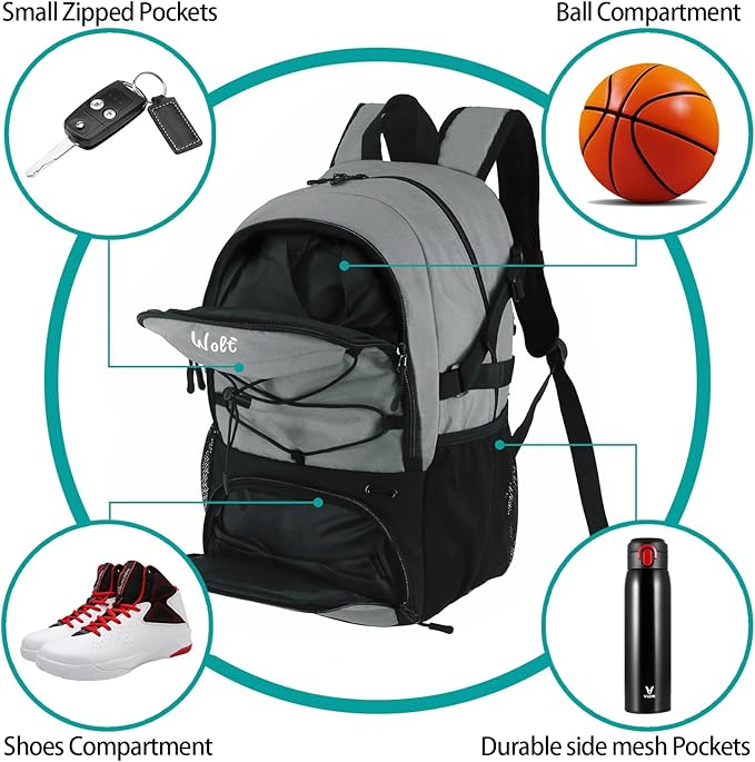 WOLT Basketball Backpack Large Sports Bag with Separate Ball Holder & Shoes Compartment, Best for Basketball, Soccer,Gym