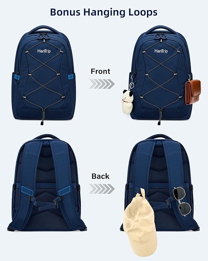 Travel Laptop Backpacks for Women Men, Large Work Backpack for Commuter College School Book Bags, Reflective Water Resistant Backpack with Luggage Strap Bottle Pocket Chest Strap, Navy Blue