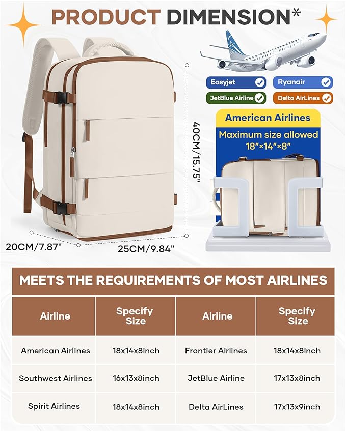 Travel Backpack Carry on Flight Approved Mochila De Viaje Personal Item Backpack for Airlines Frontier Airlines Personal Item Bag Large Backpack for Travel Backpacks for Men Women Beige with Brown