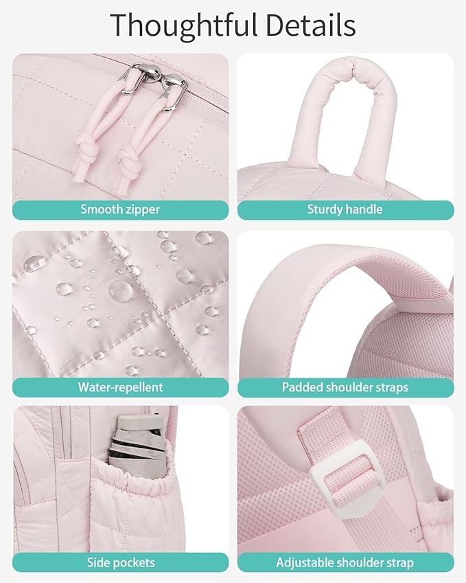 Bookbag for Women, Teen Girls Backpack for High School College Student, Puffer Quilted Back Pack Cute Laptop Backpack 17.3in for Work Travel Mom Casual, Pink