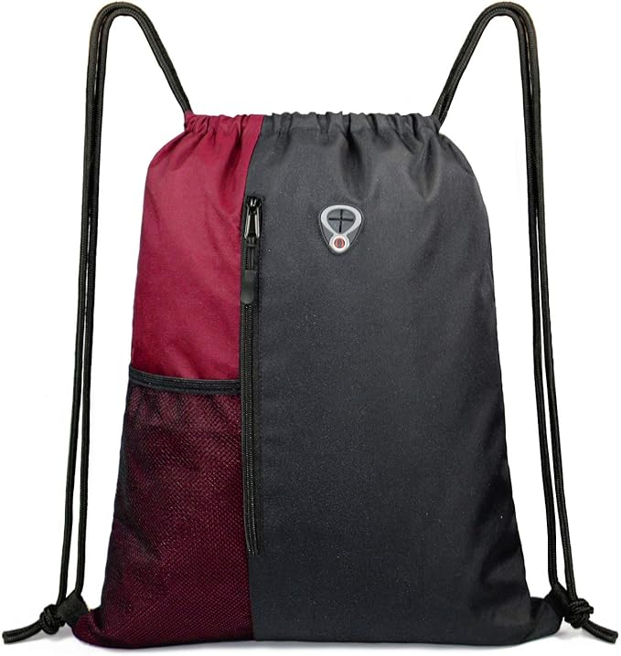 BeeGreen Maroon Drawstring Backpack Sports Gym Bag for Women Men Large String Backpack With Zipper and Water Bottle Mesh Pockets Cinch Sack Workout Bag, 16" x 20"