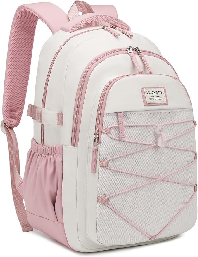 Teen Backpack for Girls, Women Bookbag for College Students Middle High School, Aesthetic Schoolbag Back Pack, White Pink