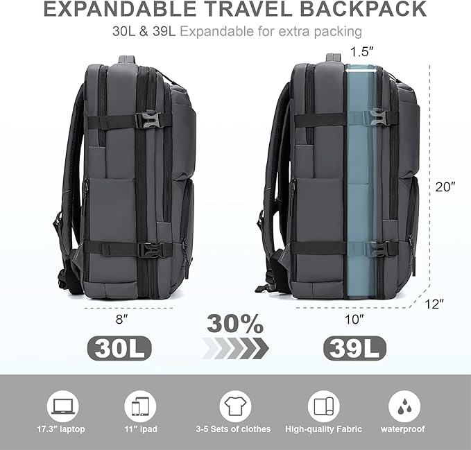 Carry On Travel Backpack, 35L-40L Expandable Extra Large Airline Approved,Lightweight Daypack for Men and Women（Gray）
