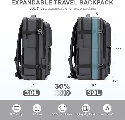 Carry On Travel Backpack, 35L-40L Expandable Extra Large Airline Approved,Lightweight Daypack for Men and Women（Gray）
