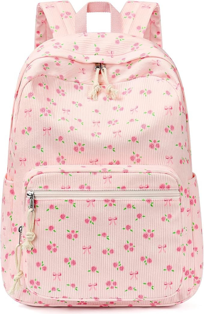 mibasies School Backpack for Girls with Laptop Sleeve: 18IN Large Capacity Corduroy Bookbag for Primary Middle School/College, Travel Daypack for Teens Women - Pink Flower Bow