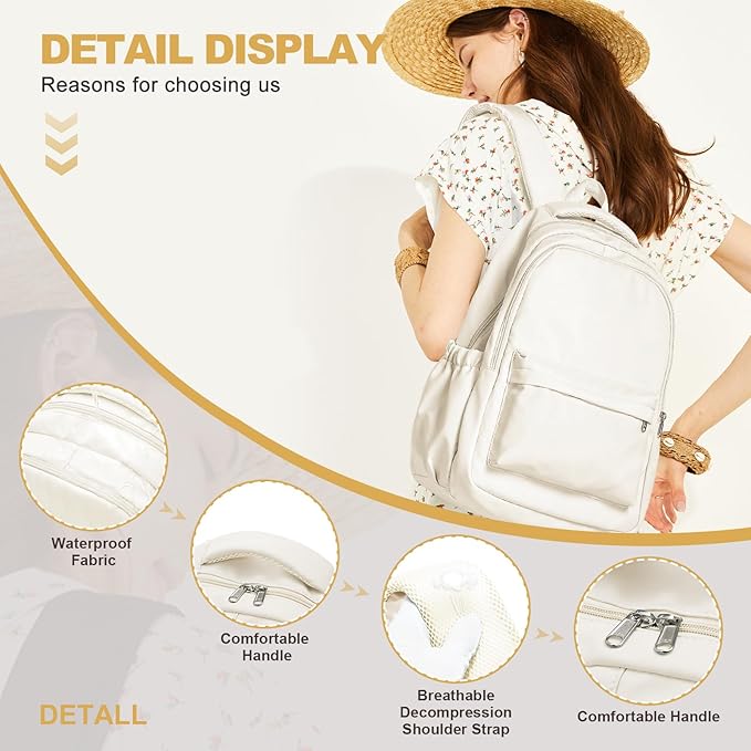 Lightweight School Backpack for Women Men, Laptop Travel Casual Daypack College Secondary School Bags Bookbag for Teenage Girls Boys, Beige