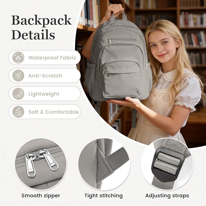 College Backpack For Women Men,Lightweight High School Bag,School Backpack With Lots Of Pockets,Cute Bookbag For Teens Boys Girls,Casual Daypack Backpack For School(Gray Brown)