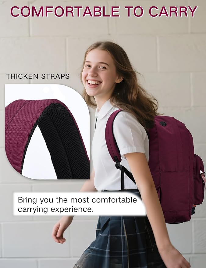 RAVUO School Backpack for Women | Classic College Bookbag for 15.6 inch Laptop, Water Resistant Daypack for Highschool Travel, Burgundy
